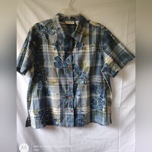 Lemongrass Women Let Them Down Shirt Short Sleeve 100% Cotton Blue Flower Large